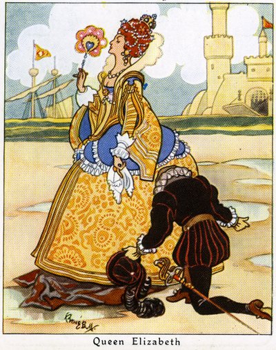 Sir Walter Raleigh Lays His Cloak Before Queen Elizabeth I to Walk Over a Puddle, 1936 by René Bull